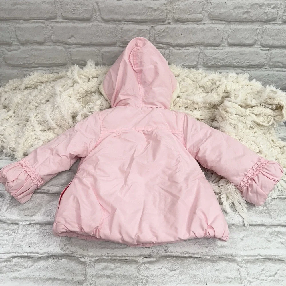 Carters Baby Girls 24M Pink Puffer‎ Jacket Coat  Embroidered Flowers Fur Hood